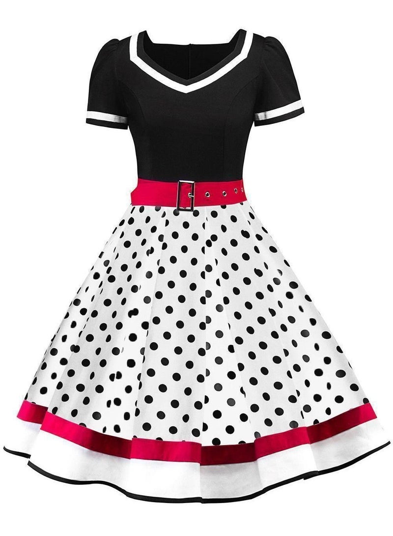 Loquat Vintage Printed Dress Fluffy Skirt White/Black - Image 1