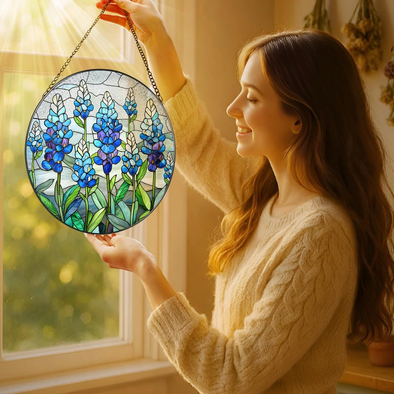 LAOWEIKI 8'' Texas Bluebonnet Sun Catcher Ornament, Stained Glass Window Hanging, Suncatchers for Windows Hanging Ornaments, Window Decor | Flower Lover Gift, Gifts for Mom Grandma - Image 2