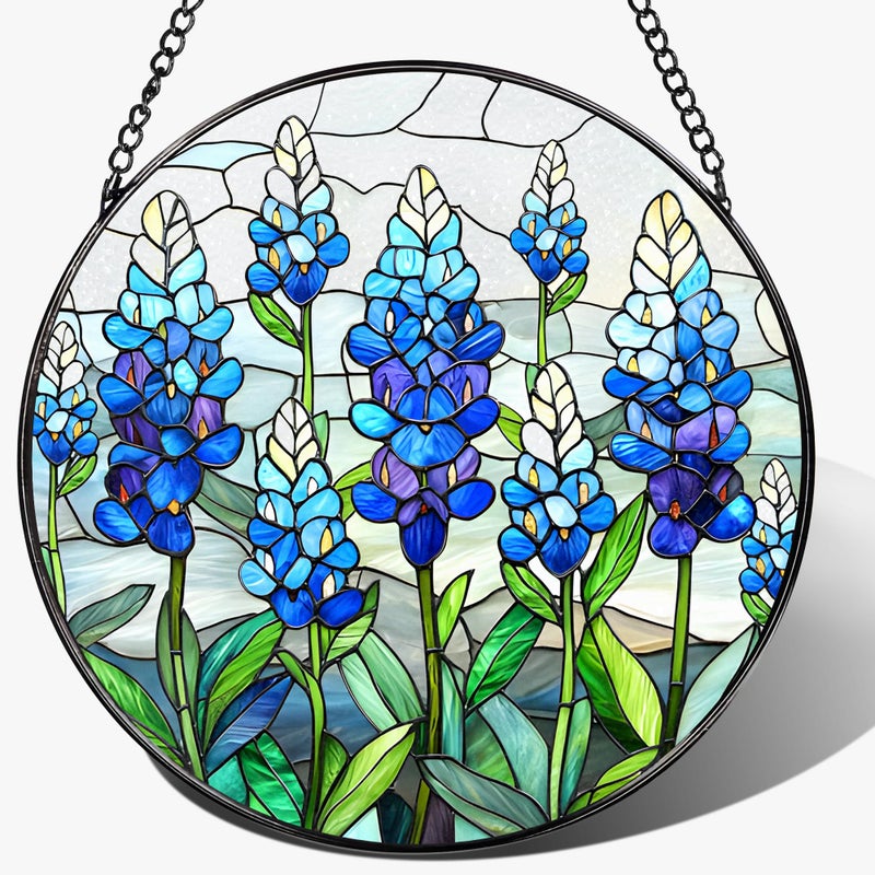 LAOWEIKI 8'' Texas Bluebonnet Sun Catcher Ornament, Stained Glass Window Hanging, Suncatchers for Windows Hanging Ornaments, Window Decor | Flower Lover Gift, Gifts for Mom Grandma - Image 1