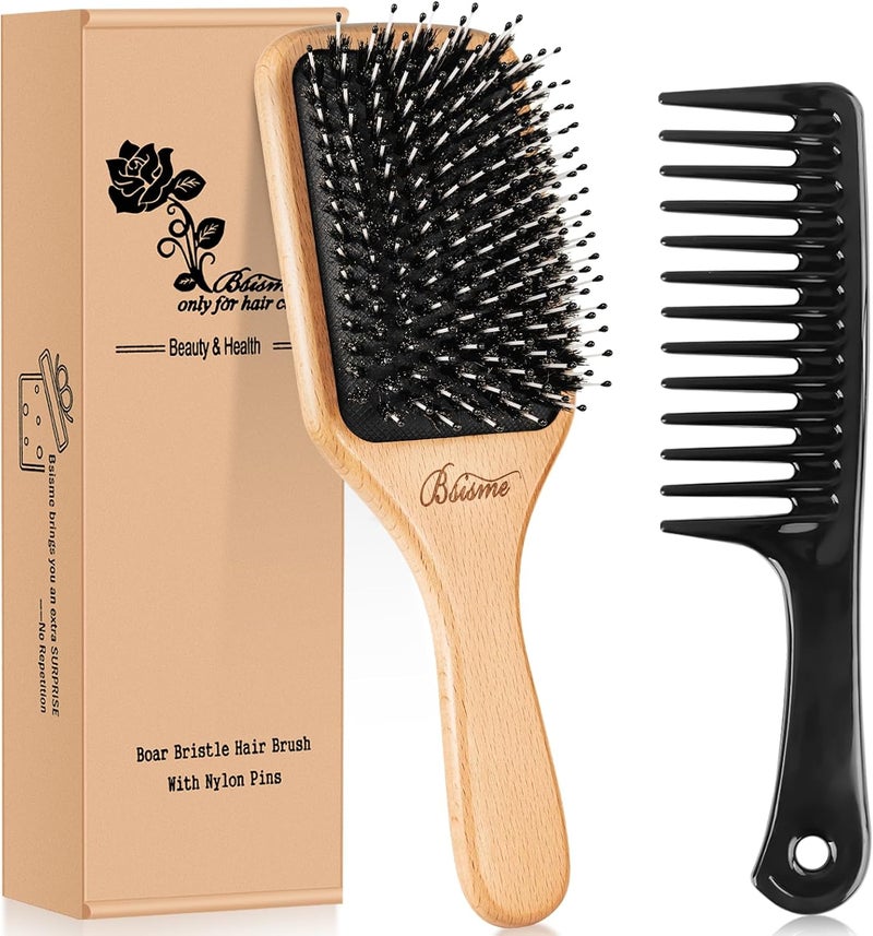 Bsisme Boar Bristle Hair Brush Women Mens with Soft Nylon Detangle Curly Thick Hair Wooden Paddle Hairbrush and Comb Enhance Shine Reduce Frizz Promotes Healthy Hair Growth Exquisite Rose Carving