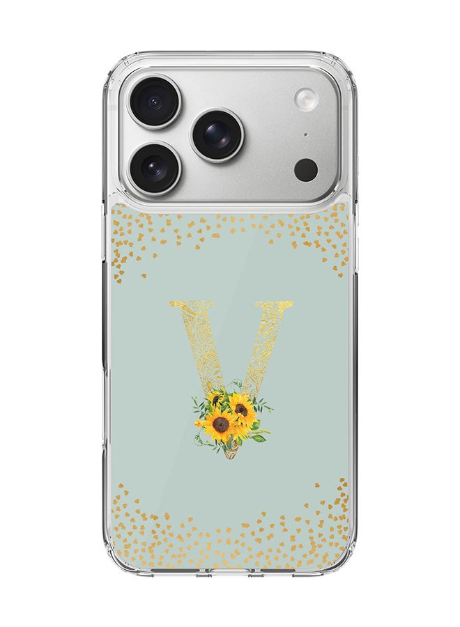 Stylizedd Classic Clear MagSafe Case for iPhone 17 Pro , Hybrid Soft Case Flexible Edges Anti Drop TPU PC Gel Thin Transparent Cover [ Designed for iPhone 17 Pro ] - Custom Monogram Initial Letter Floral Pattern Alphabet - V  (Light Grey )