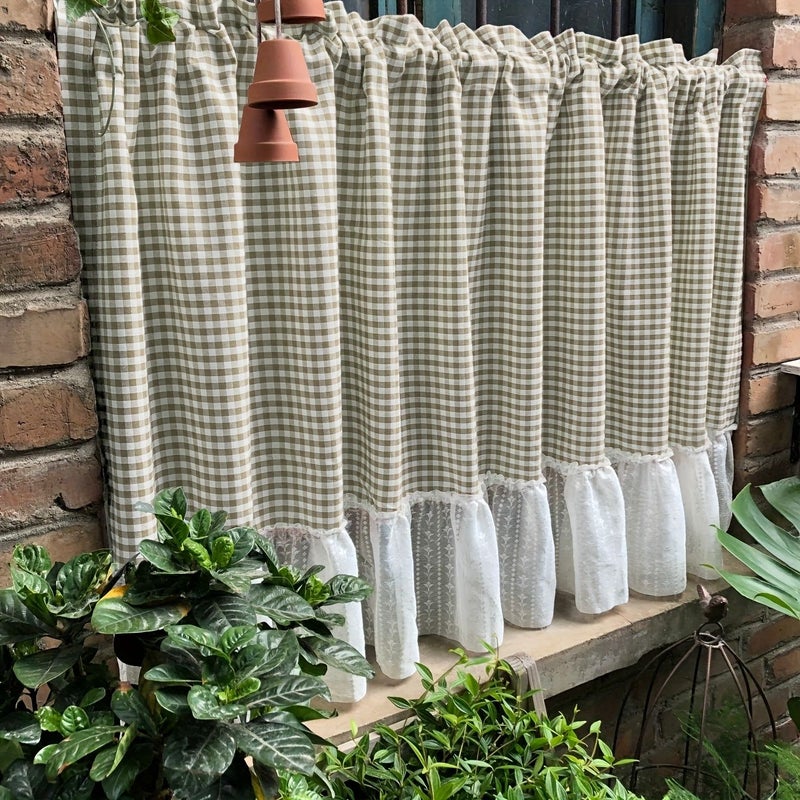 Khaki Plaid Semi Blackout Window Valance Lace Trim Rod Pocket Farmhouse 59x31.5 Inch - Image 2