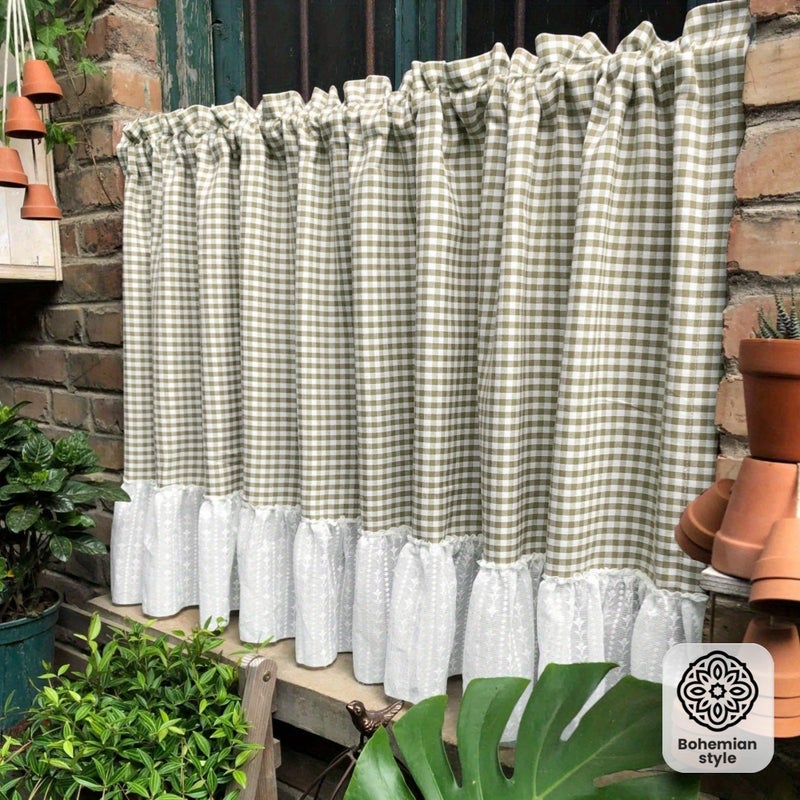 Khaki Plaid Semi Blackout Window Valance Lace Trim Rod Pocket Farmhouse 59x31.5 Inch - Image 1