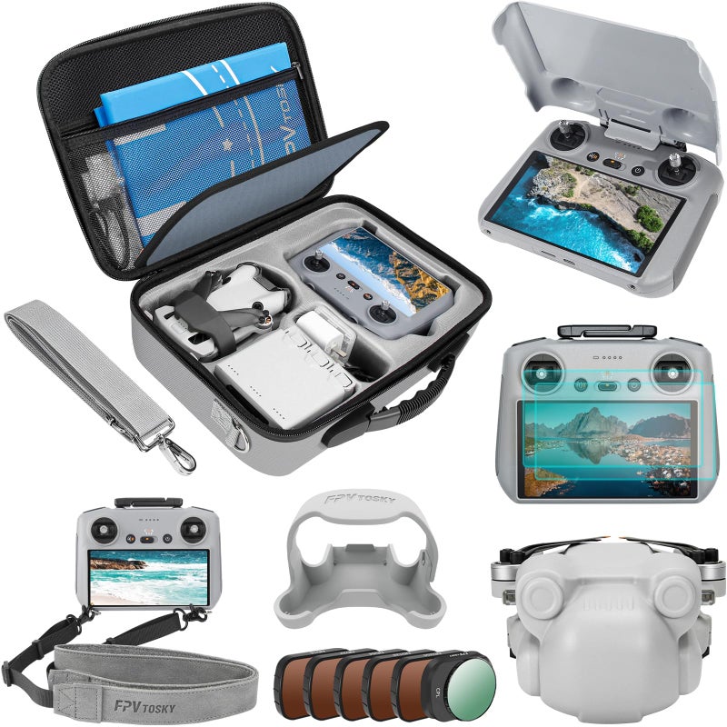 مجموعة ملحقات FPVtosky Mini 4 Pro 7 في 1 حقيبة حمل مجموعة فلاتر ND واقي شاشة حزام رقبة غطاء عدسة حامل مروحة لـ DJI Mini 4