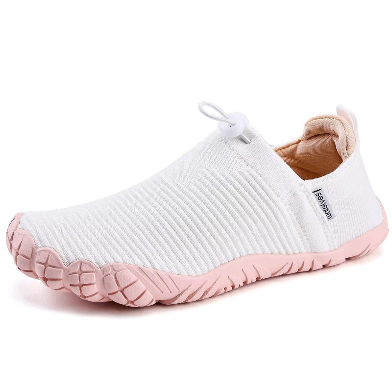 WateLves Water Shoes Womens Mens - Comfortable Lightweight Striped Pattern Barefoot Shoes for Beach Swim Pool Yoga Boating Water Aerobics(White Pink,38) - Image 1