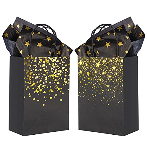 Sharlity Small Black Gold Gift Bags 24pcs Party Paper Bags with Star Tissue Paper for HalloweenNew Year Birthday Wedding Bridal Baby Shower Black and Gold Party Supplies 83 x 59 x 31inch - Image 1