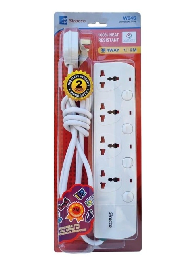 Sirocco 4-Way Extension Socket with 2 Meter Cable - W04S - Image 1