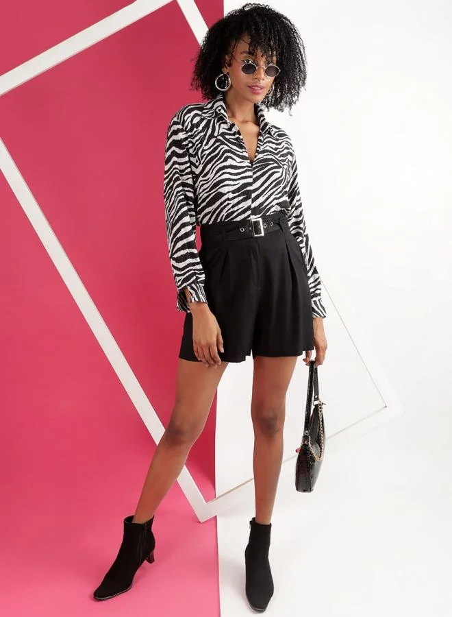 Freehand Women Flared Casual Solid Belted Shorts