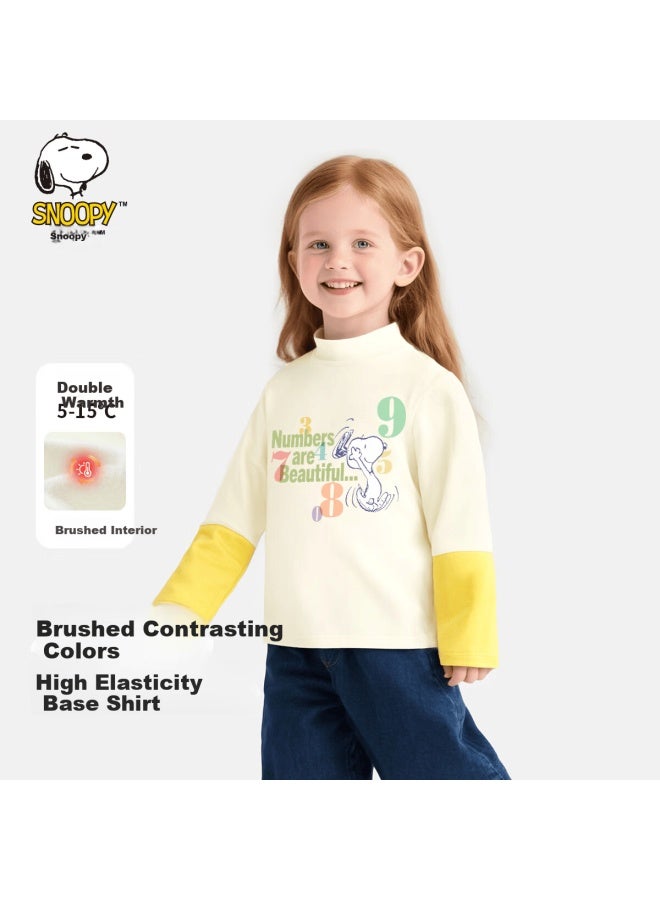 Snoopy Kids Autumn Winter Colorblock Long Sleeve T-shirt Slim Fit Versatile Boys Girls Top Apricot Number 120 - Image 1