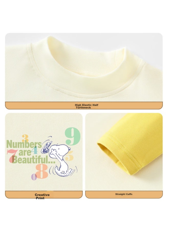 Snoopy Kids Autumn Winter Colorblock Long Sleeve T-shirt Slim Fit Versatile Boys Girls Top Apricot Number 120 - Image 2