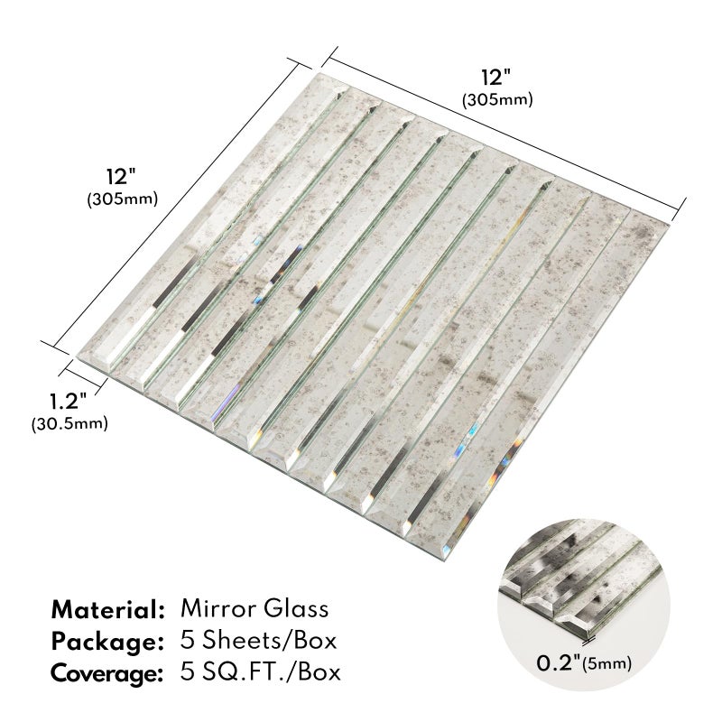 Lovdeco Peel and Stick Antique Mirror Strip Tile, 1.2 x 12 Inch Strip Mirror Tiles for Kitchen Backsplash and Bathroom Wall (5 Pieces, 5 SQ.FT.) - Image 2