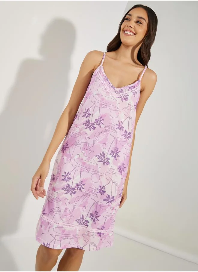 Styli AOP Sketchy Palm Slip Dress with Hem Lace Insert