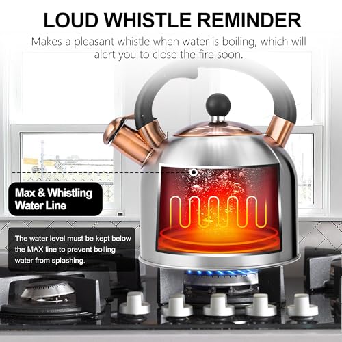 SUSTEAS Tea Kettle - 3.17QT Whistling Kettle with Ergonomic Handle - Premium Stainless Steel Tea Pots for Stove Top, Chic Vintage Teapot with Composite Base, Work for All Stovetops (Silver) - Image 4