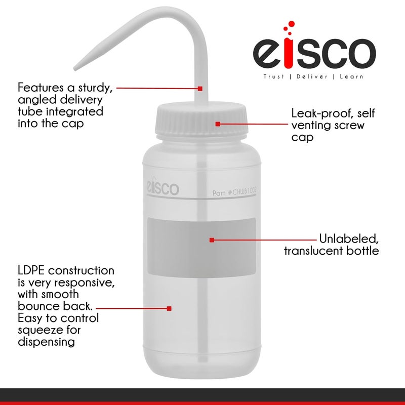 EISCO 2PK Chemical Wash Bottle, No Label, 500ml - Wide Mouth, Self Venting, Low Density Polyethylene - Performance Plastics Labs - Image 4