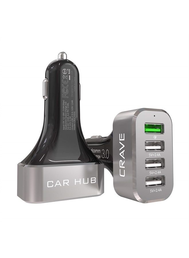CRAVE CarHub 54W 4 Port USB Car Charger, Qualcomm Quick Charge 3.0 - Black