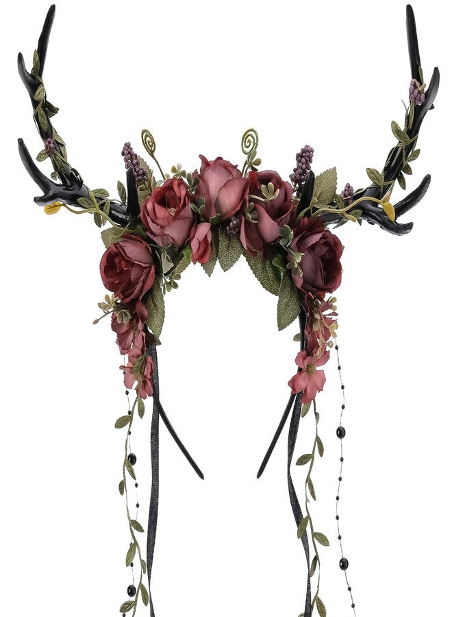 MOSTORY Dark Flower Antler Headband - Floral Black Reindeer Headpiece for Renaissance Accessories Women, Woodland Deer Hairband with Vine for Mother Nature Costume Cosplay Fairy Aesthetic - Image 1