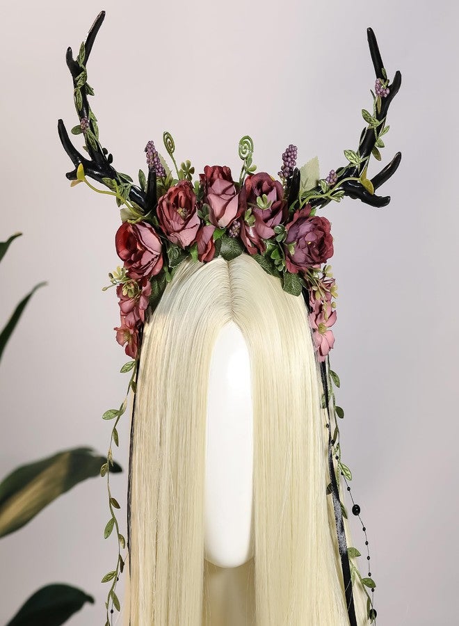 MOSTORY Dark Flower Antler Headband - Floral Black Reindeer Headpiece for Renaissance Accessories Women, Woodland Deer Hairband with Vine for Mother Nature Costume Cosplay Fairy Aesthetic - Image 4