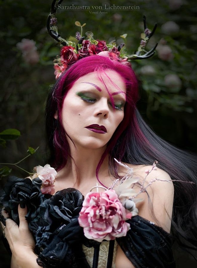 MOSTORY Dark Flower Antler Headband - Floral Black Reindeer Headpiece for Renaissance Accessories Women, Woodland Deer Hairband with Vine for Mother Nature Costume Cosplay Fairy Aesthetic - Image 3