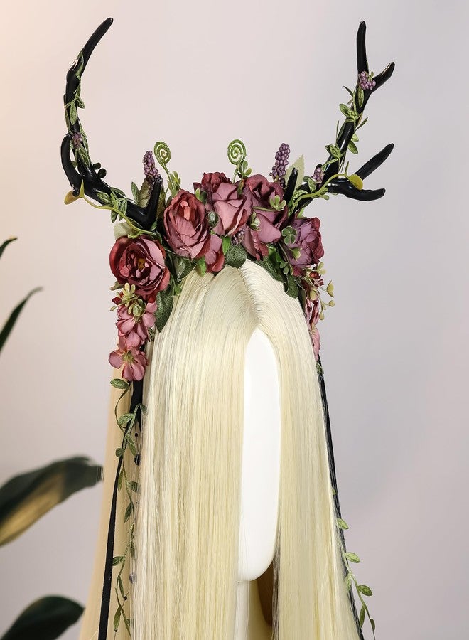 MOSTORY Dark Flower Antler Headband - Floral Black Reindeer Headpiece for Renaissance Accessories Women, Woodland Deer Hairband with Vine for Mother Nature Costume Cosplay Fairy Aesthetic - Image 5