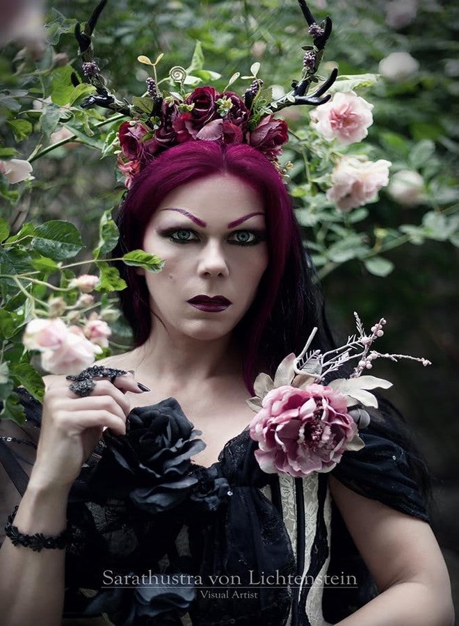 MOSTORY Dark Flower Antler Headband - Floral Black Reindeer Headpiece for Renaissance Accessories Women, Woodland Deer Hairband with Vine for Mother Nature Costume Cosplay Fairy Aesthetic - Image 2