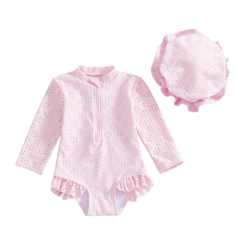 Yccutest Toddler Girl Solid Swimsuit Baby Long Sleeve Rash Guard Bathing Suit Girl One Piece Hollow Out Swimwear with Sun Hat (US, Age, 3 Months, 6 Months, Pink) - Image 1