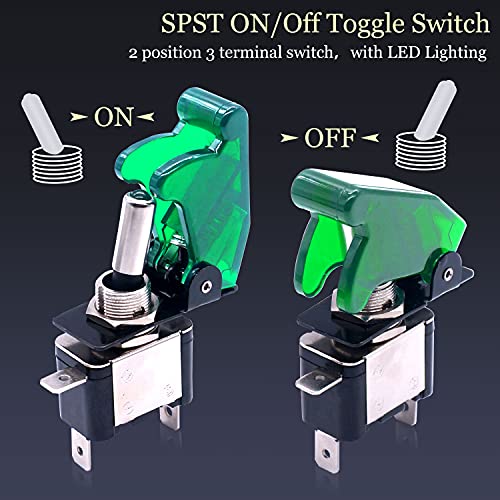 Twidec/3Pcs Rocker Toggle Switch 12V 20A Heavy Duty Racing Car Automative Auto SPST ON/OFF Toggle Switch Green LED Illuminated 3Pin With Green Waterproof Safety Cover ASW-07DGGMZ - Image 3