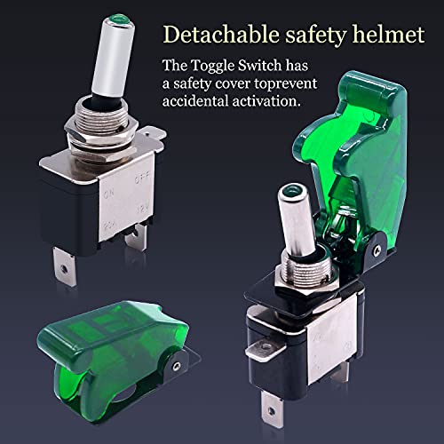 Twidec/3Pcs Rocker Toggle Switch 12V 20A Heavy Duty Racing Car Automative Auto SPST ON/OFF Toggle Switch Green LED Illuminated 3Pin With Green Waterproof Safety Cover ASW-07DGGMZ - Image 2