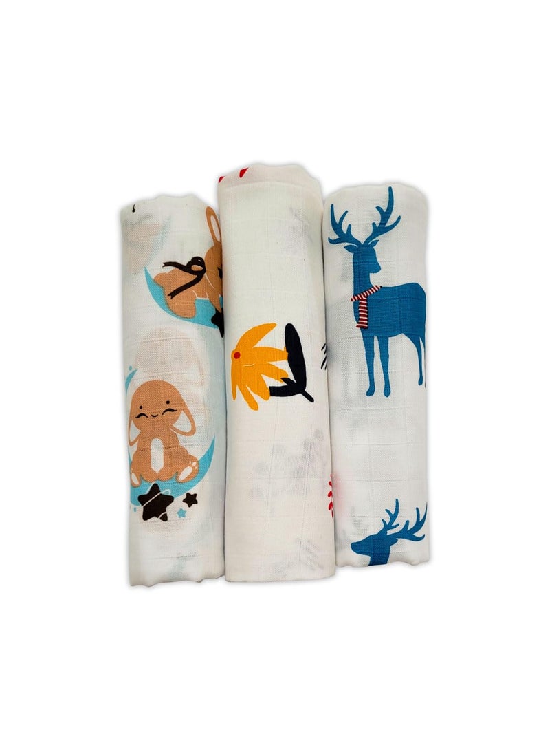 Kridlo Kridlo 100 Cotton Baby Swaddle Wraps Pack of 3 Soft Breathable Newborn Essentials 02 Years 90x90cm Large Blue Moon Orange Daisy Blue Deer Design SkinFriendly Baby Safe Blanket 