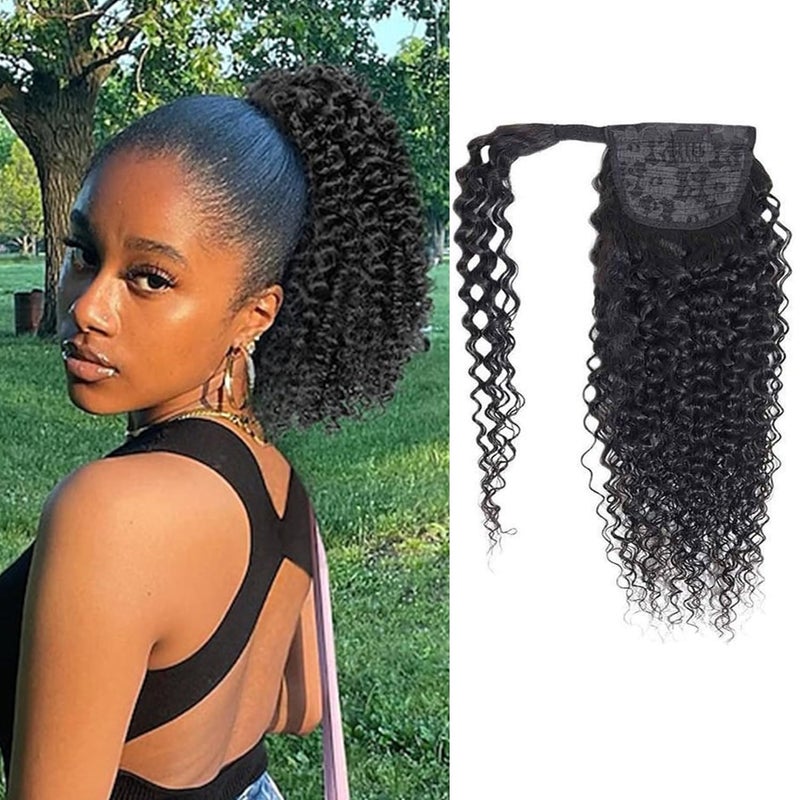 Seelaak 12 Inches Short Length Kinky Curly Hairpiece Wrap Around Ponytail with Clips Magic Paste Ponytail Extensions 120gset Magic Paste Binding Pony Tail Hairpiece for Black Women