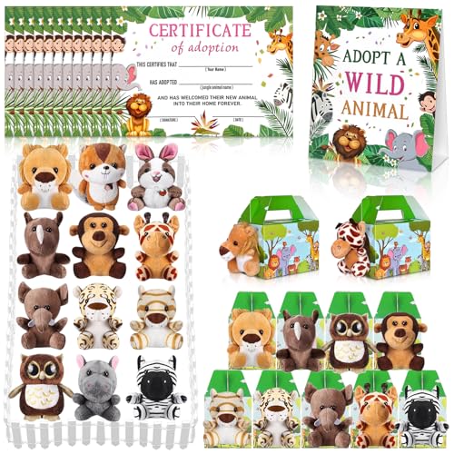 Jiytivity 38 Pcs Safari Jungle Party Favors Include 12 Foldable Paper Boxes 12 Forest Mini Stuffed Animals 12 Adoption Cards 1 Adoption Signs 1 Fence for Jungle Party Supplies Adopt a Jungle Animal Favors - Image 1