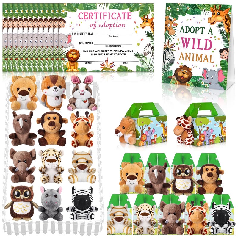 Jiytivity 38 Pcs Safari Jungle Party Favors Include 12 Foldable Paper Boxes 12 Forest Mini Stuffed Animals 12 Adoption Cards 1 Adoption Signs 1 Fence for Jungle Party Supplies Adopt a Jungle Animal Favors - Image 3
