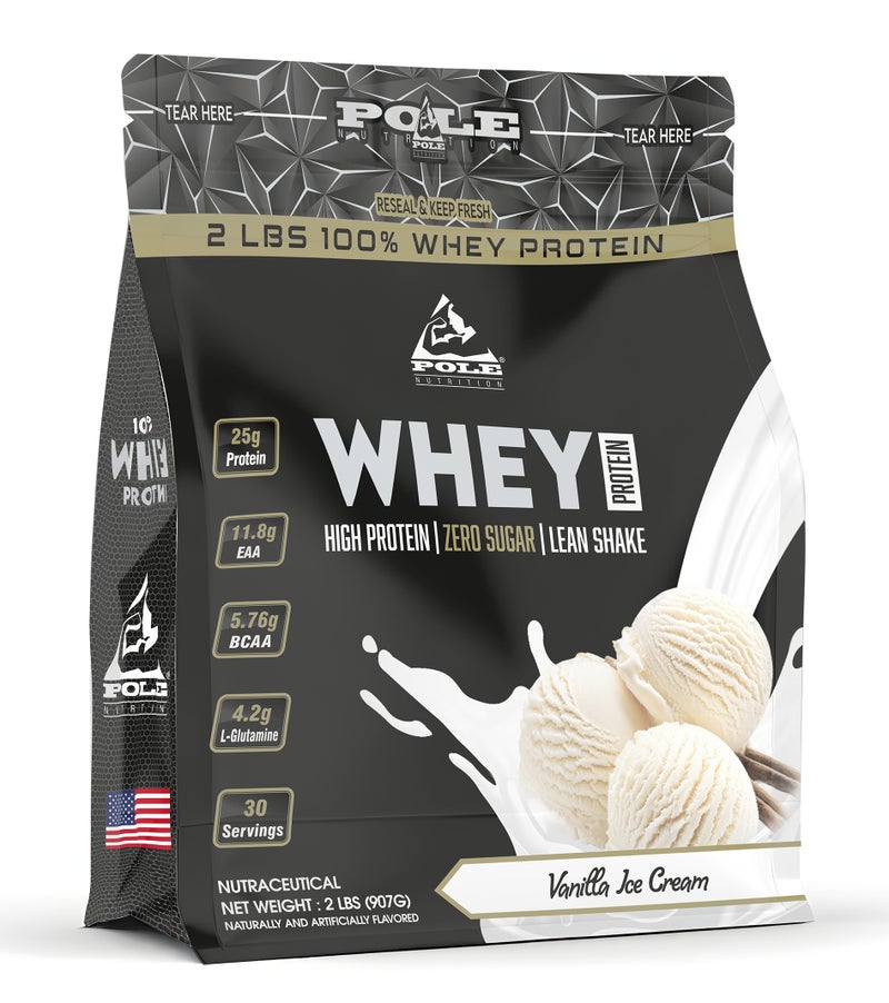POLE NUTRITION بروتين مصل اللبن 100% 2 رطل (0.91 كجم) - مشروب بروتين عالي مع صفر سكر (آيس كريم فانيليا) - Image 1