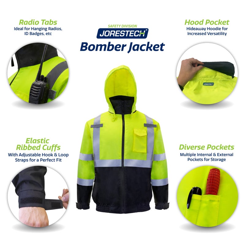 JORESTECH Hi-Visibility Reflective Bomber Jacket for Men, ANSI/ISEA 107-2020 Class 3 Type R, Waterproof & Wind Resistant Winter Safety Jacket for Construction and Roadway Work - Image 4