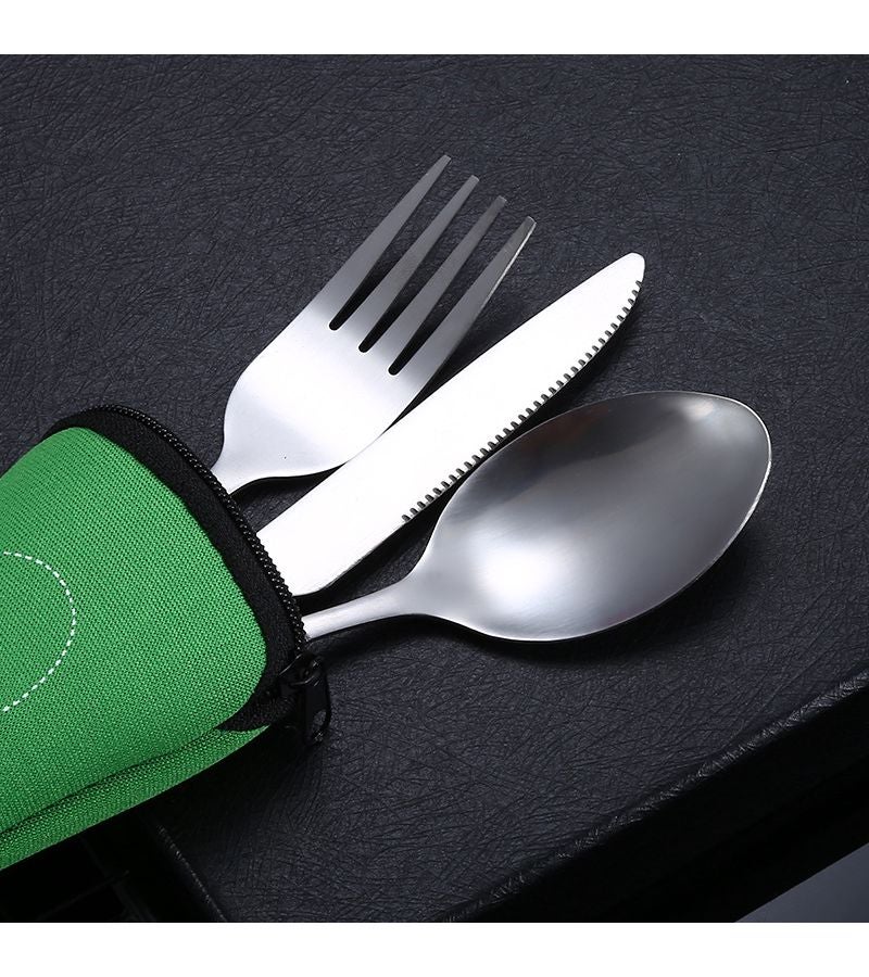 4 Piece Stainless Steel Cutlery Set Portable Camping Dinnerware with Carry Bag Green - Image 5