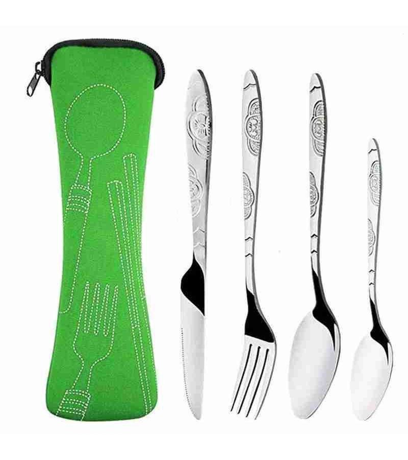 4 Piece Stainless Steel Cutlery Set Portable Camping Dinnerware with Carry Bag Green - Image 1