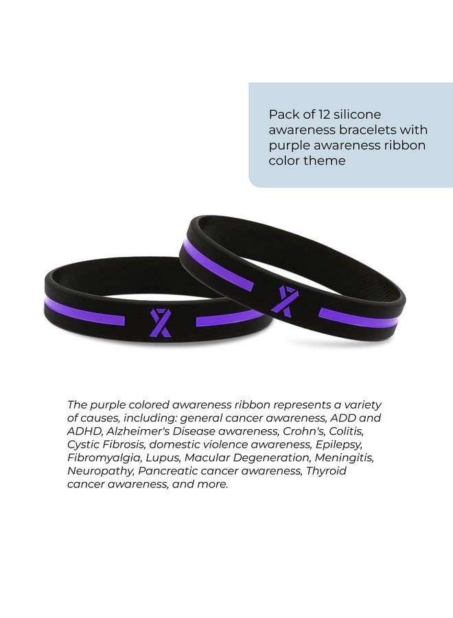 Inkstone Purple Awareness Ribbon Silicone Bracelets (12-pack) - Wholesale Pack of 1 Dozen Unisex Wristbands for Men Women - Image 2
