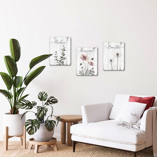 iHAPPYWALL 3 Pieces Botanical Bathroom Wall Art Relax Unwind Breathe Rustic Farmhouse Wooden Signs for Bathroom Home Spa Room Decor Ready to Hang 12x16inchx3pcs (Grey) - Image 3