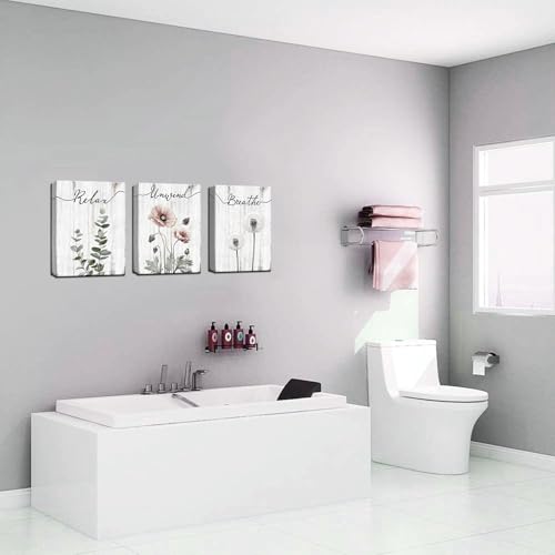 iHAPPYWALL 3 Pieces Botanical Bathroom Wall Art Relax Unwind Breathe Rustic Farmhouse Wooden Signs for Bathroom Home Spa Room Decor Ready to Hang 12x16inchx3pcs (Grey) - Image 4