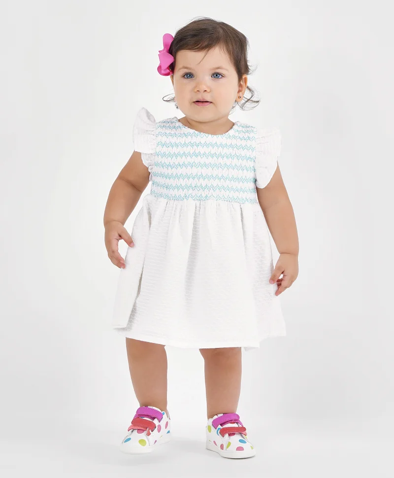 Bonfino Bonfino Cotton Woven Sleeveless Frock Argyle Embroidery - White