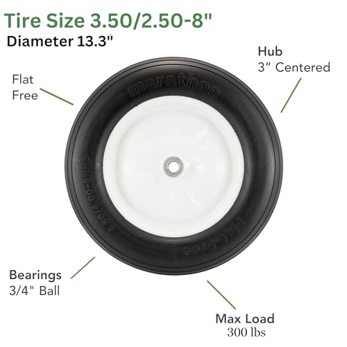 Marathon 3.50/2.50-8 Flat Free Replacement Wheelbarrow Tire on Wheel, Ribbed Tread, for Wheelbarrows, Lawn Trailers and Carts, also Replaces sizes 4.00-6 and 3.25-8, 3" Centered Hub, 3/4" Bearings . - Image 3