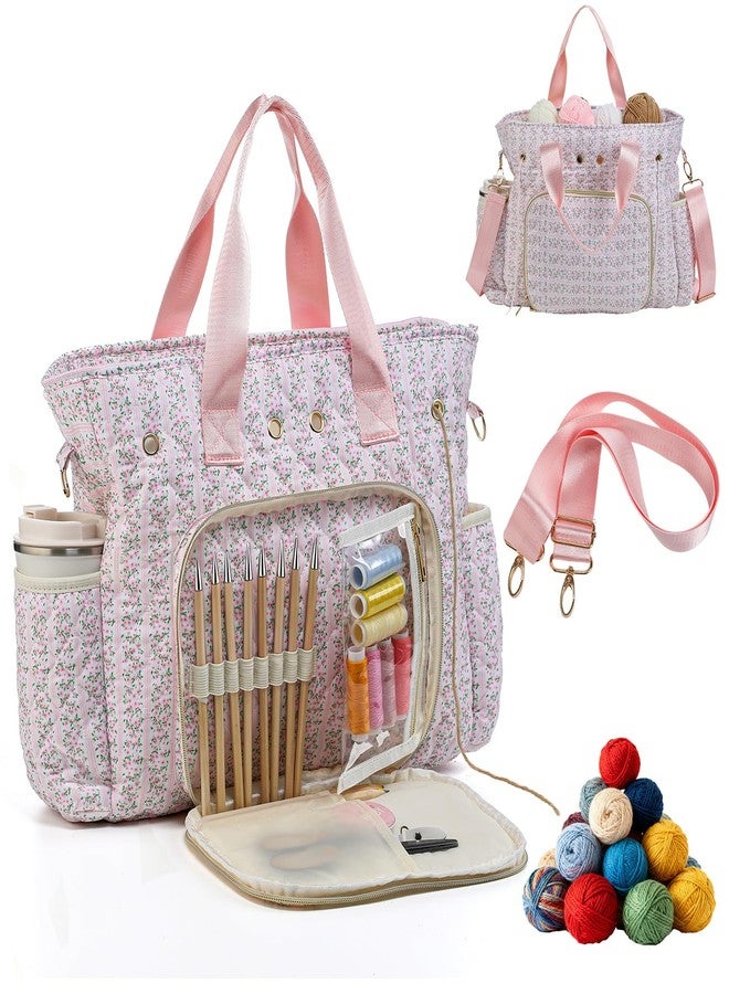 SilTriangle Large Pink Floral Quilted Crochet Knitting Bags and Totes Organizer Cotton Yarn Hook Bag Holder Christmas Corduroy Gift for Crochet Lover Crocheting Accessories, Needle with Zipper, Size L - Image 1
