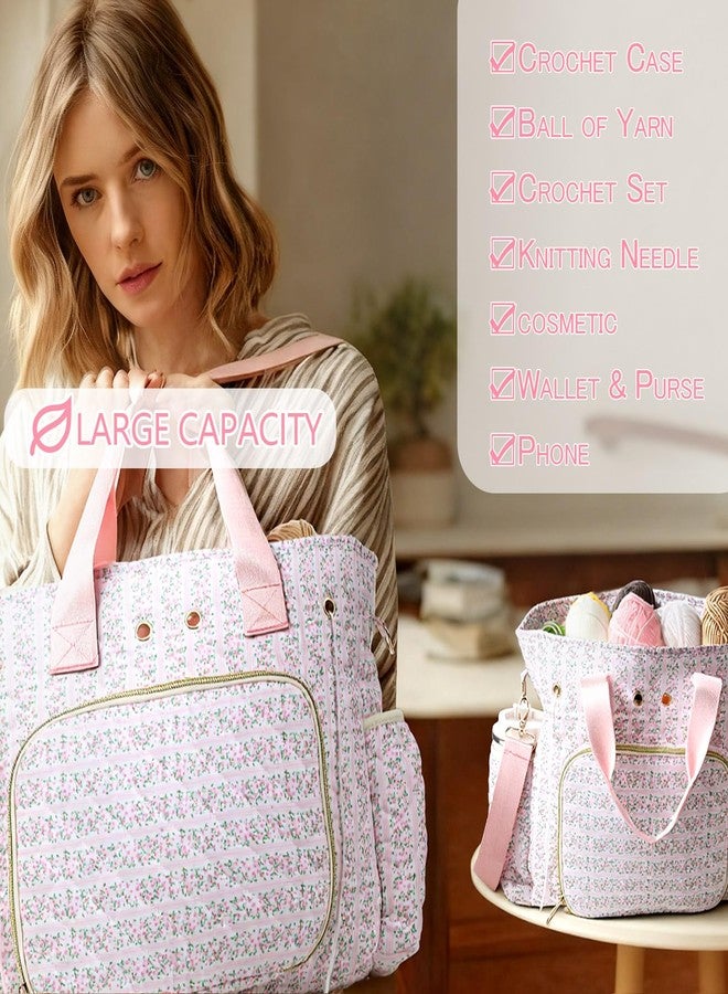 SilTriangle Large Pink Floral Quilted Crochet Knitting Bags and Totes Organizer Cotton Yarn Hook Bag Holder Christmas Corduroy Gift for Crochet Lover Crocheting Accessories, Needle with Zipper, Size L - Image 4