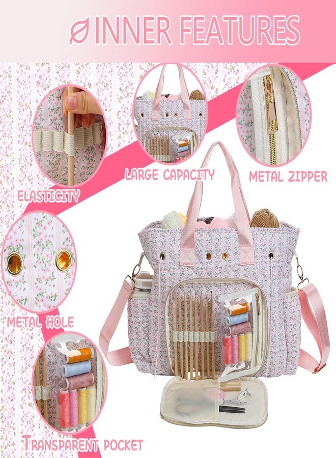 SilTriangle Large Pink Floral Quilted Crochet Knitting Bags and Totes Organizer Cotton Yarn Hook Bag Holder Christmas Corduroy Gift for Crochet Lover Crocheting Accessories, Needle with Zipper, Size L - Image 5