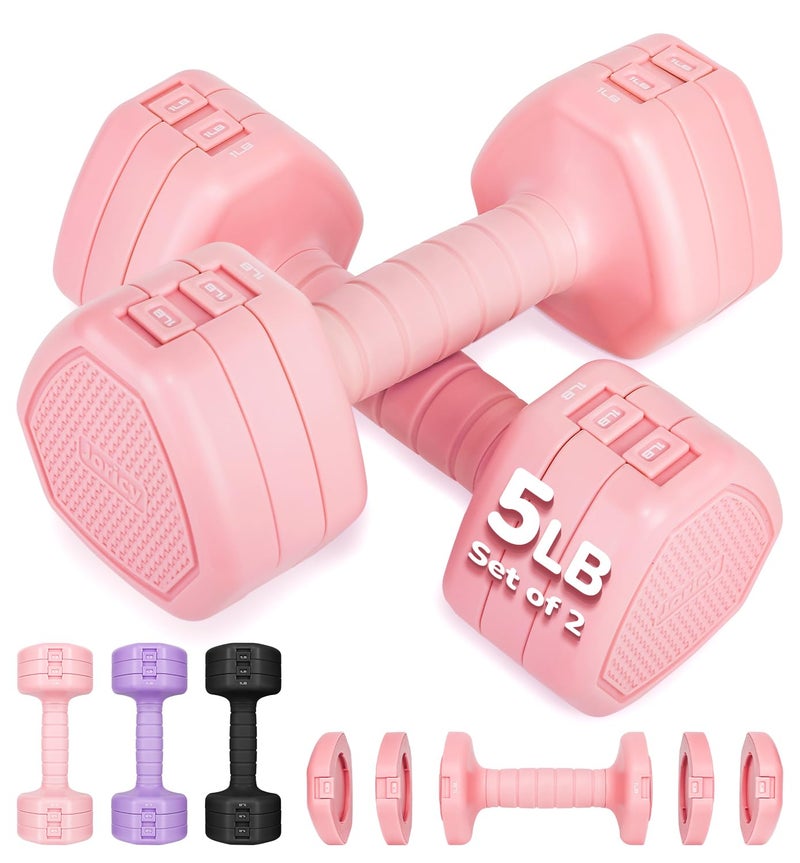 JORICY Adjustable Dumbbell Set of 2, 10LBS Hand Weights for Women Men 3-in-1 Free Weight Dumbbells Sets for Home Gym & Outdoor Exercise Workout Strength Training Equipments Pink - Image 1