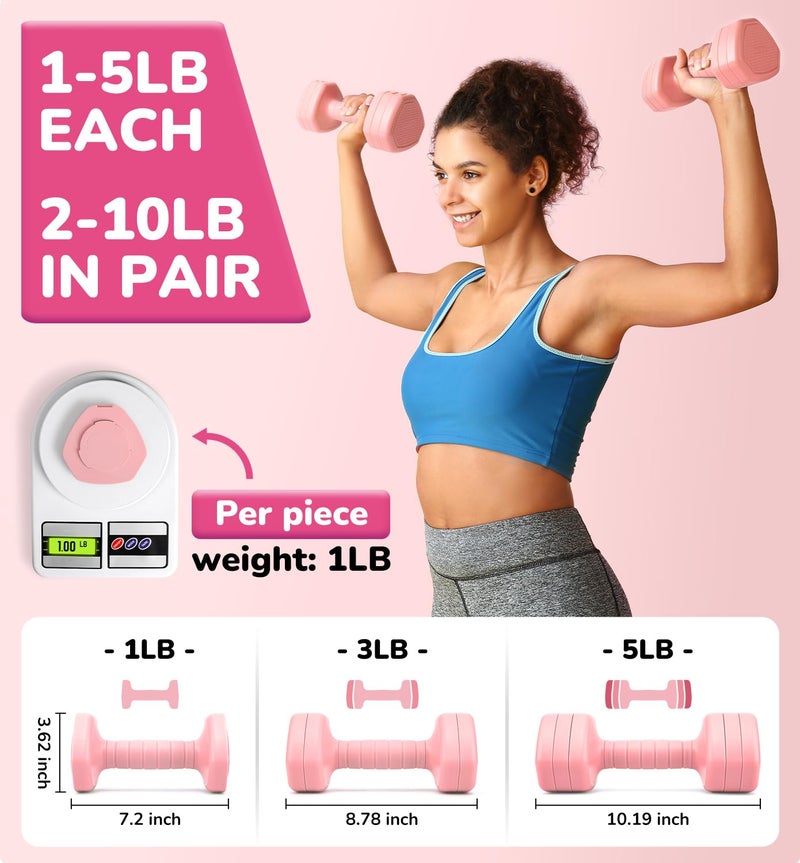 JORICY Adjustable Dumbbell Set of 2, 10LBS Hand Weights for Women Men 3-in-1 Free Weight Dumbbells Sets for Home Gym & Outdoor Exercise Workout Strength Training Equipments Pink - Image 4