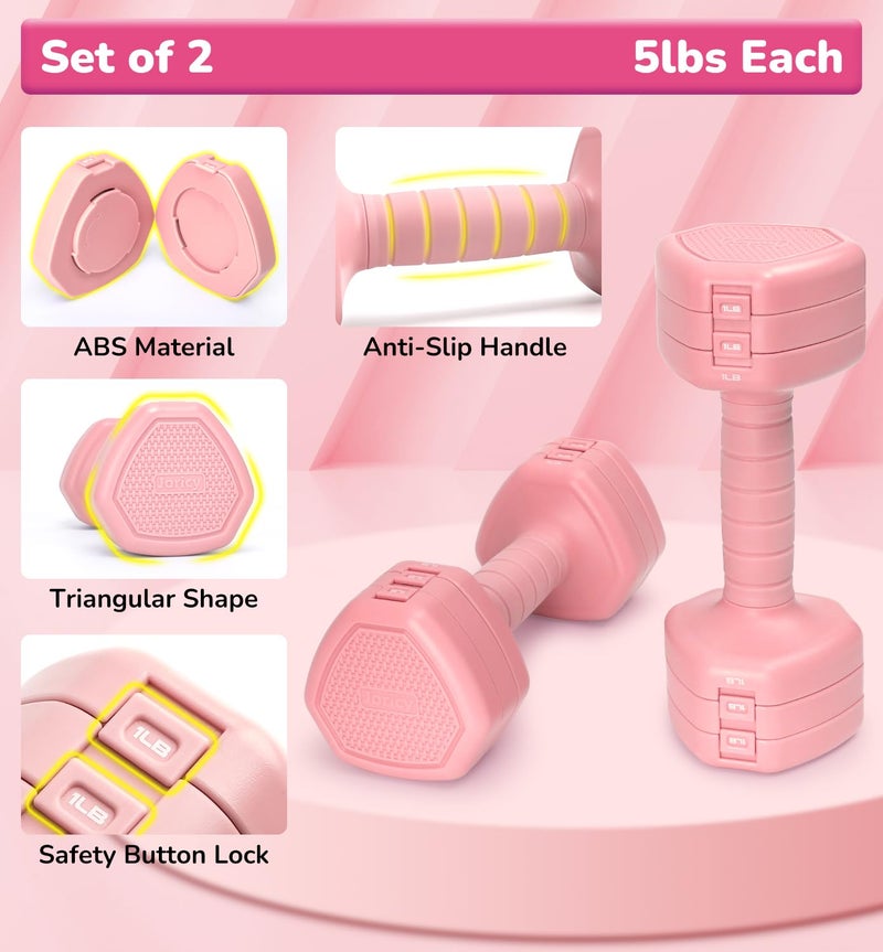 JORICY Adjustable Dumbbell Set of 2, 10LBS Hand Weights for Women Men 3-in-1 Free Weight Dumbbells Sets for Home Gym & Outdoor Exercise Workout Strength Training Equipments Pink - Image 5