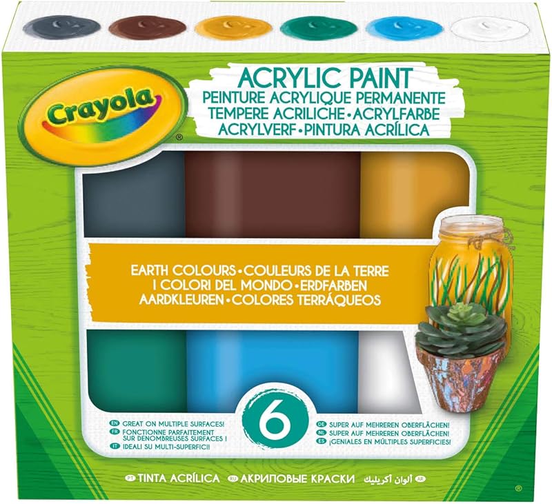 CRAYOLA 6 Acrylic Tempera Paints, Sunset Colours in Resealable Jars Ready to Use for School and Leisure Earth Colours /