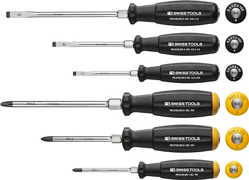 PB Swiss Tools Phillips and Slotted Screwdriver Set PB 8249DN 100 Swiss Made 6piece Screwdriver Set with goingthrough Blade for Effective Transfer of Energy Bulls Eye Effect