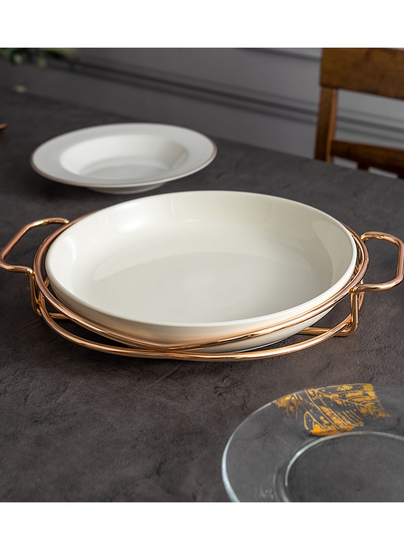 La Mesa Round Plate With Stand Round Porcealin White/Gold 28 Cm - Image 1