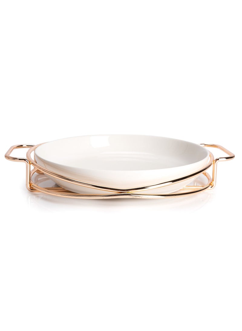 La Mesa Round Plate With Stand Round Porcealin White/Gold 28 Cm - Image 4